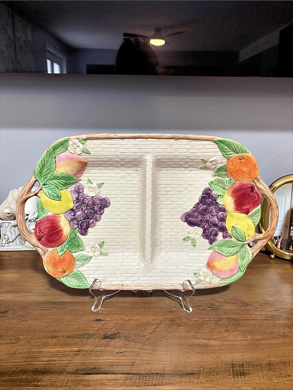 Flitz and Floyd Fruit Motif Divided Serving Tray, Cream & Green